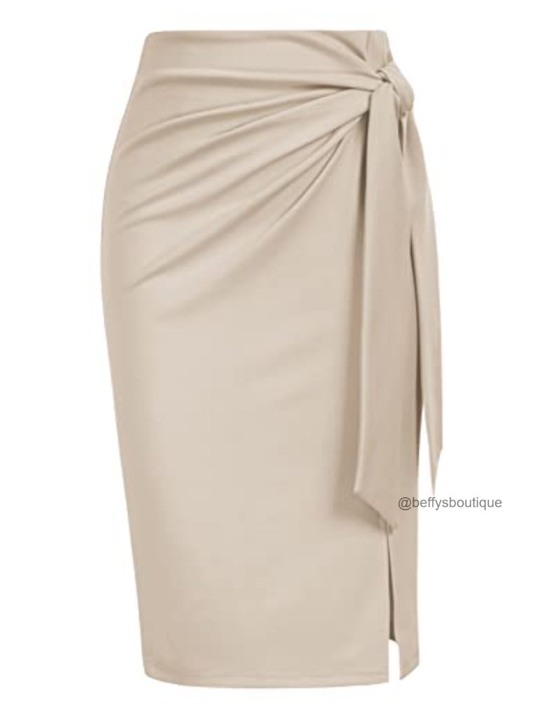 Stretch Knee Length Pencil Skirt With Bow Tie High Waist Side Zip
